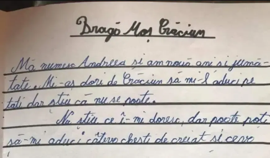 Scrisoarea dureroasă a Andreei, o fetiță de nouă ani, pentru Moș Crăciun: „Vreau să mi-l aduci pe tati”