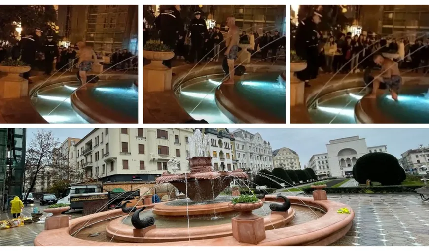 Imagini de noaptea minții în Timișoara! Un bărbat s-a bălăcit în Fântâna cu Pești imediat după inaugurare. Individul a fost scos din apă de polițiști și dus direct la Psihiatrie ca să se ”încălzeazscă”