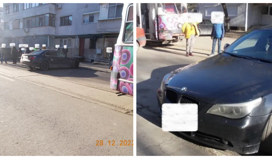 Ce tupeu! O șoferiță din Brăila și-a parcat BMW-ul pe linia de tramvai și a plecat liniștită să își pună gene false