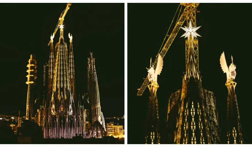 Imagini spectaculoase cu turnurile evangheliștilor Marcu și Luca ale bazilicii Sagrada Familia. Au fost iluminate pentru prima oară