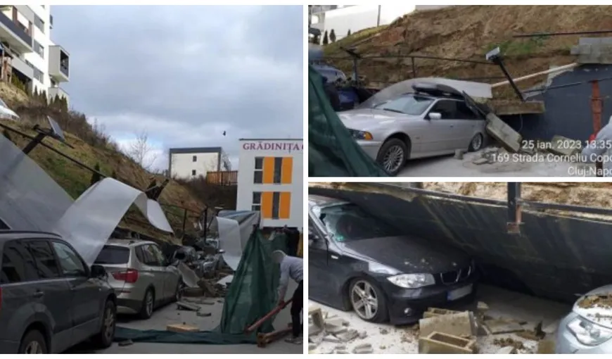 La un pas de tragedie. Un zid s-a prăbușit peste șase mașini în apropierea unei grădinițe din Cluj