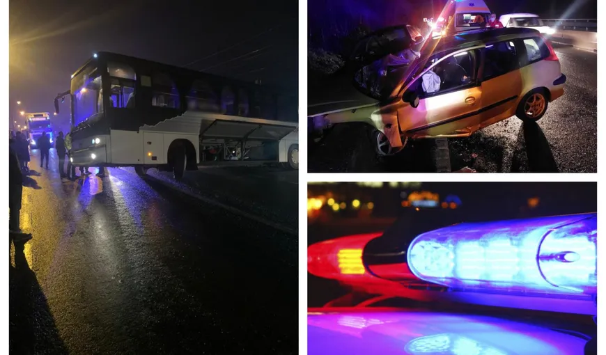 Accidente în lanţ joi seara: autocar în şanţ la Bistriţa, carambol cu trei maşini la Târgovişte şi alunecări de pietre pe valea Oltului