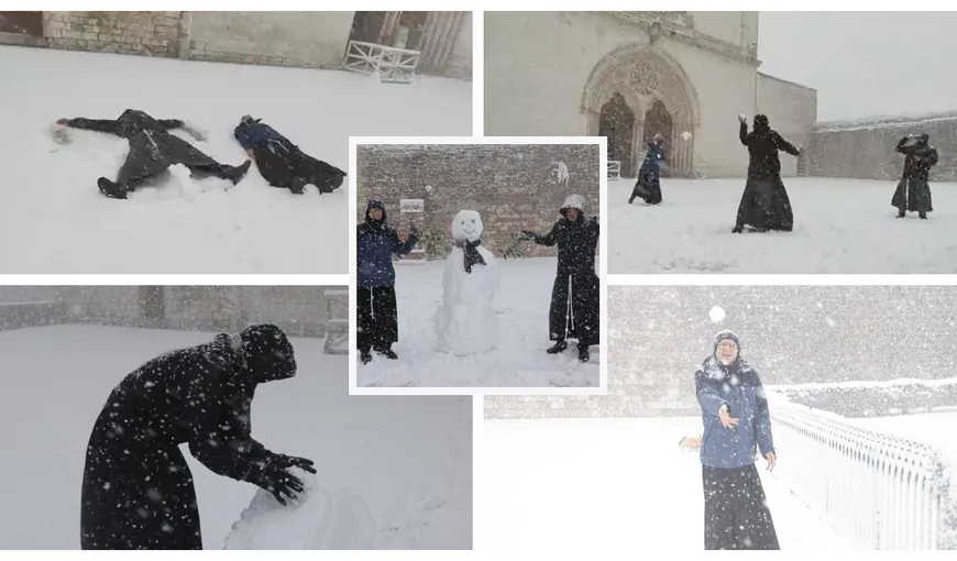 Călugări surprinși în timp ce se bat cu zăpadă în fața bisericii: ”Sora zăpadă a sosit. Ne place foarte mult aici”