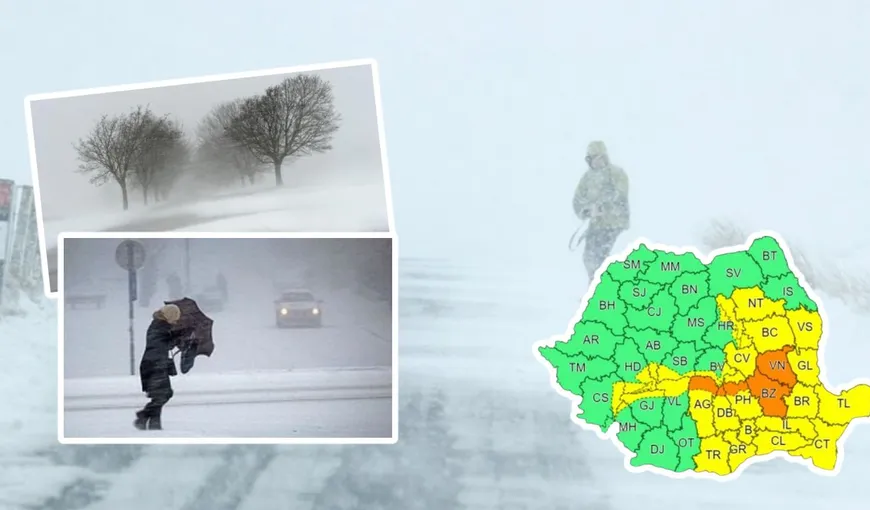 Alertă meteo COD PORTOCALIU de ninsori abundente și viscol până duminică. Ninge și la București