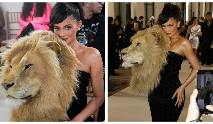 Kylie Jenner, apariție șocantă la Săptămâna Modei de la Paris. Vedeta a purtat o ținută cu un cap de leu în mărime naturală