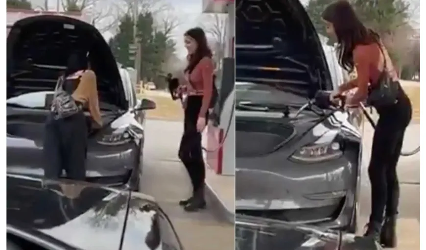 VIRALUL începutului de an: Două femei au încercat să alimenteze o Tesla cu benzină VIDEO