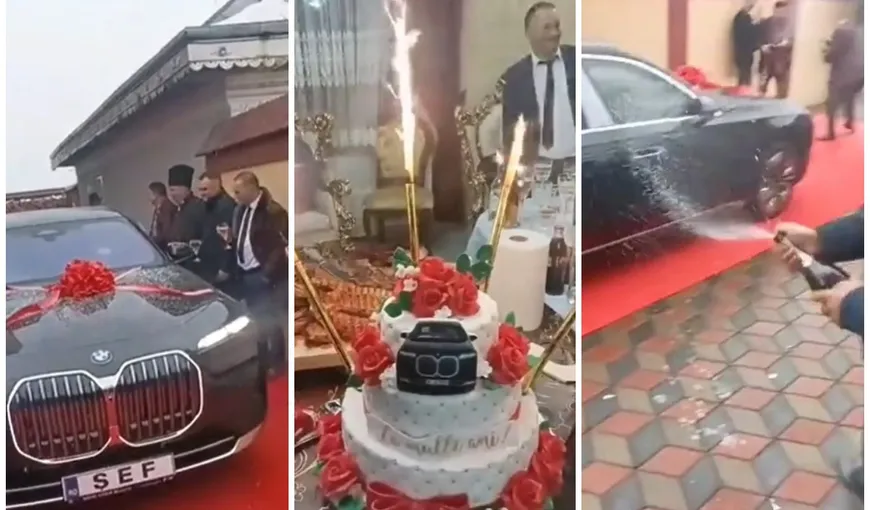 VIDEO / Cumpărarea unui BMW, motiv de petrecere cu șampanie, tort și manele pentru o familie din România