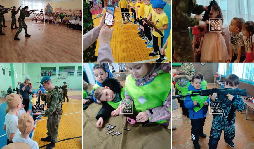 Scene IREALE în Rusia! O grădiniţă a fost vizitată de veterani ai armatei ruse, iar copiii s-au jucat cu arme şi muniţie reală GALERIE FOTO