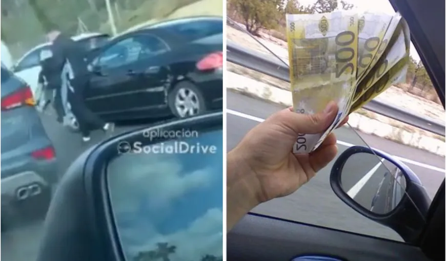 VIDEO Ploaie de bani pe o autostradă din Spania. Șoferii au oprit mașinile și au început să strângă bancnote