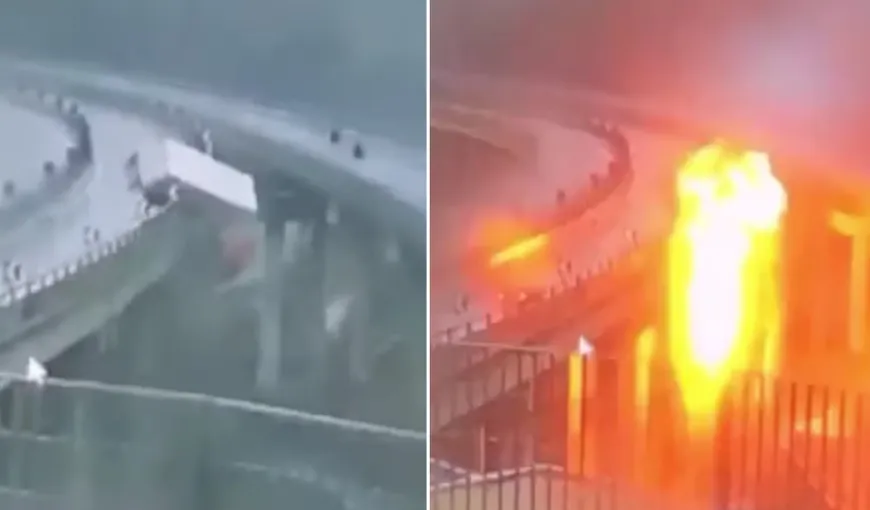Imagini terifiante cu un TIR care explodează şi se prăbuşeşte de pe Autostrada A1. Şoferul a murit pe loc VIDEO
