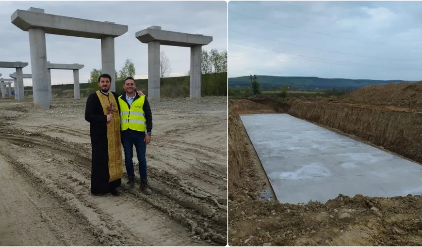 Cu preotul pe șantierul lotului 5 al autostrăzii Sibiu-Pitești. Acesta a sfințit lucrările și a stropit muncitorii cu agheasmă: „Ne rugăm pentru cei care lucrează pe aceste șantiere”