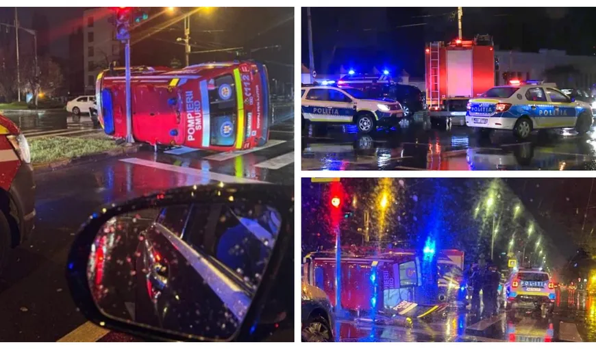 Accident grav în București! Un șofer începător a răsturnat o ambulanță SMURD. Cinci oameni au fost răniți
