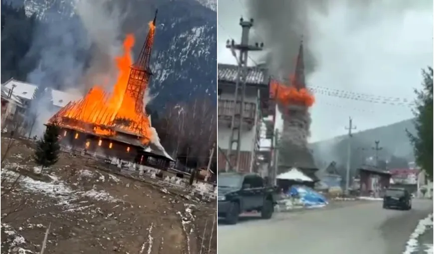 Incendiu de proporţii la biserica de lemn din Borșa. Lăcaşul de cult arde ca o torţă