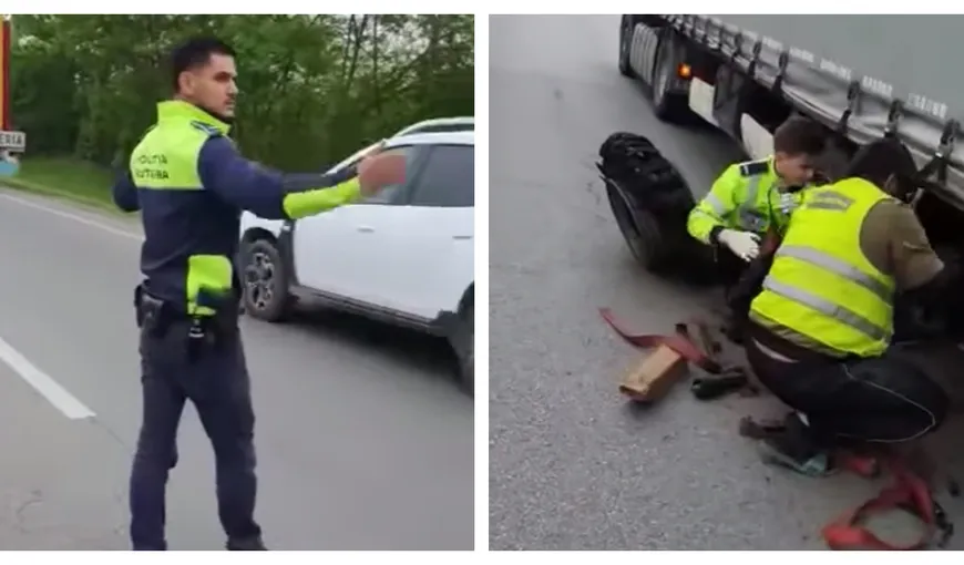 Un șofer de TIR care a făcut pană a fost ajutat de trei agenți de poliție să schimbe roata defectă: „Așa da! Respect!”