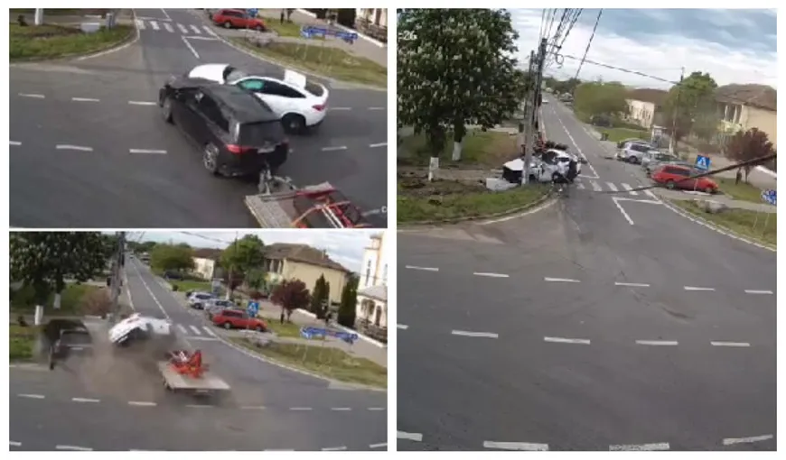 Primele imagini cu accidentul devastator din Cărpiniș, județul Timiș. Ambele mașini au fost aruncate în aer