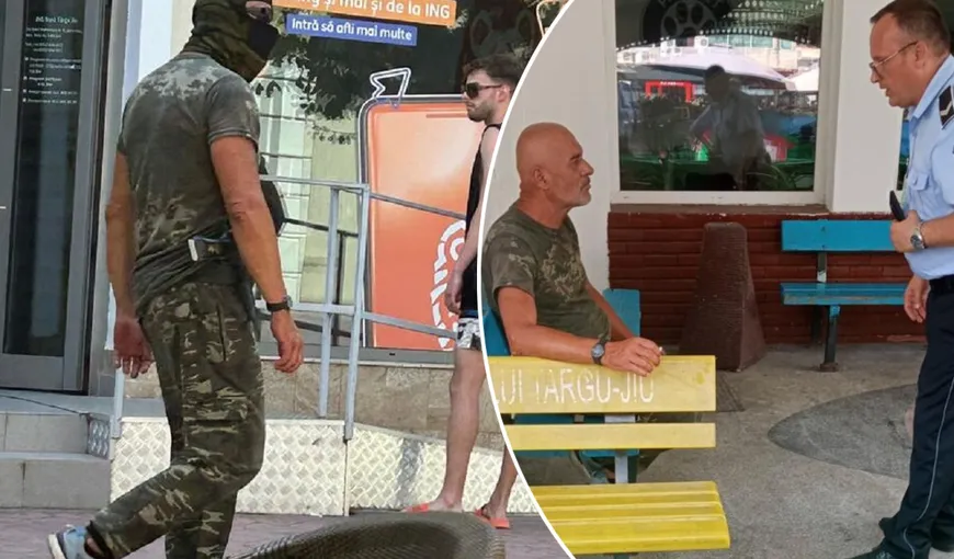 Panică în Târgu Jiu! Bărbat îmbrăcat în haine militare, cu cagulă şi pistol, surprins pe străzile oraşului
