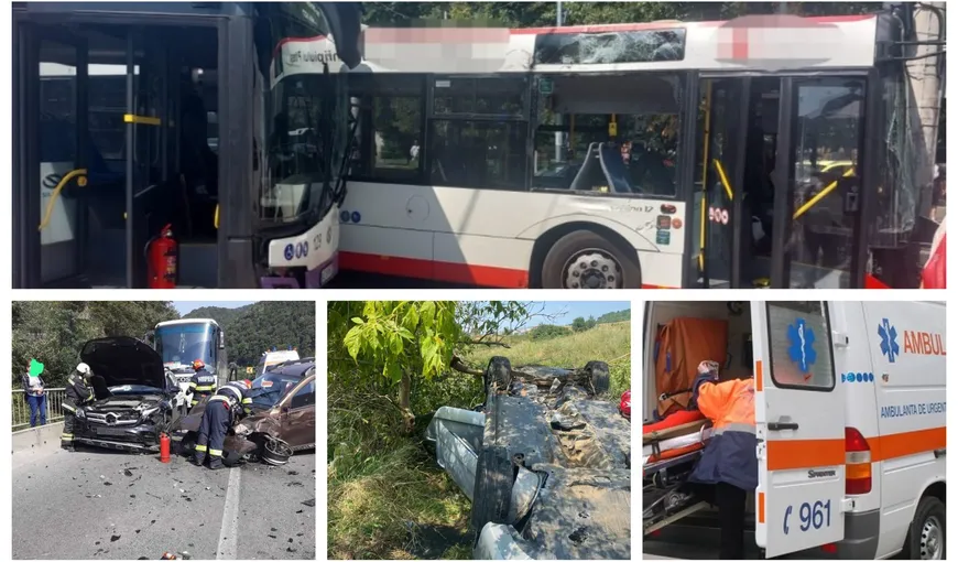 Două autobuze au fost implicate într-un accident rutier în Pitești. O mașină s-a răsturnat pe DN 1