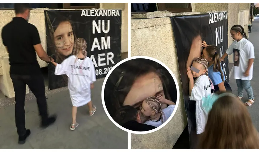 Imaginile durerii la Botoșani, în ziua în care Alexandra Ivanov ar fi împlinit 26 de ani. Fetița ei, îmbrăcată cu un tricou cu mesajul „Nu am aer”, a îmbrățișat cu dor afișul cu poza mamei sale