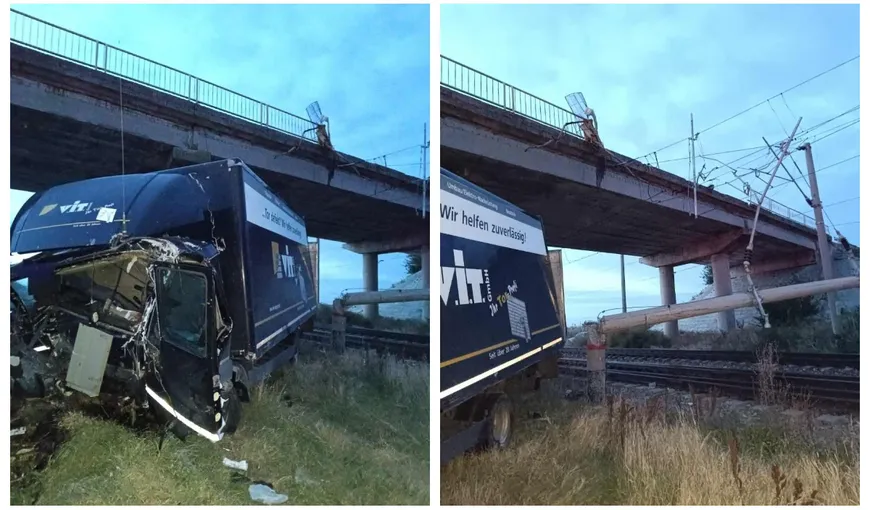 Un camion a căzut de pe un pod peste calea ferată în Brăila. Circulația trenurilor a fost oprită
