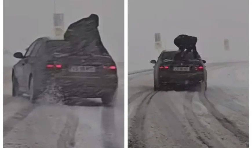 VIDEO Imaginile virale au ajuns la Poliţie. Ce sancţiune i s-a aplicat tânărului care „dansa” pe portbagajul unui BMW în timp ce maşina derapa pe zăpadă