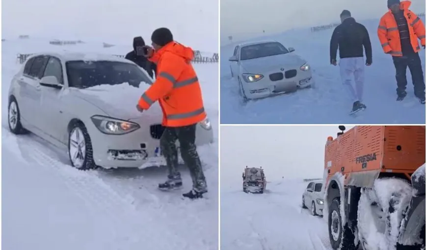 A vrut să fie şmecher, dar s-a făcut de râs! Un bombardier cu BMW a forţat filtrul la Rânca şi a rămas blocat în zăpadă VIDEO