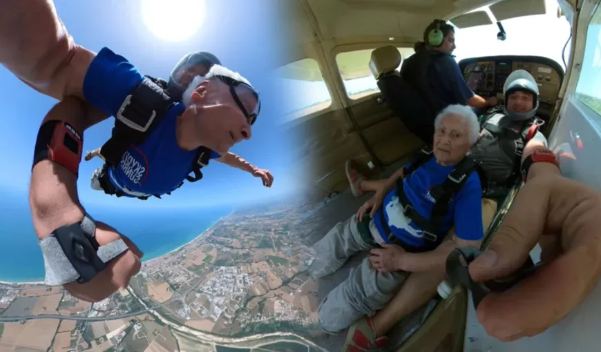O bunicuță a sărit cu parașuta la vârsta de 90 de ani: „Te face să te simți liber, fericit și stăpân pe lume”