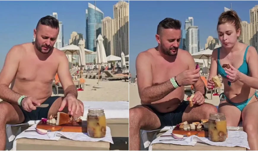 Mai ceva ca în Nea Mărin Miliardar! Doi români au mâncat slănină cu ceapă, pe plajă, în Dubai! ”Răutăcioșii să rabde de foame”