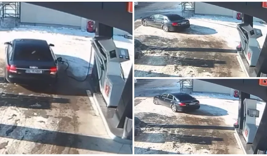VIDEO Un șofer din Galați a plecat din benzinărie cu tot cu pompă. A uitat să scoată furtunul din rezervor