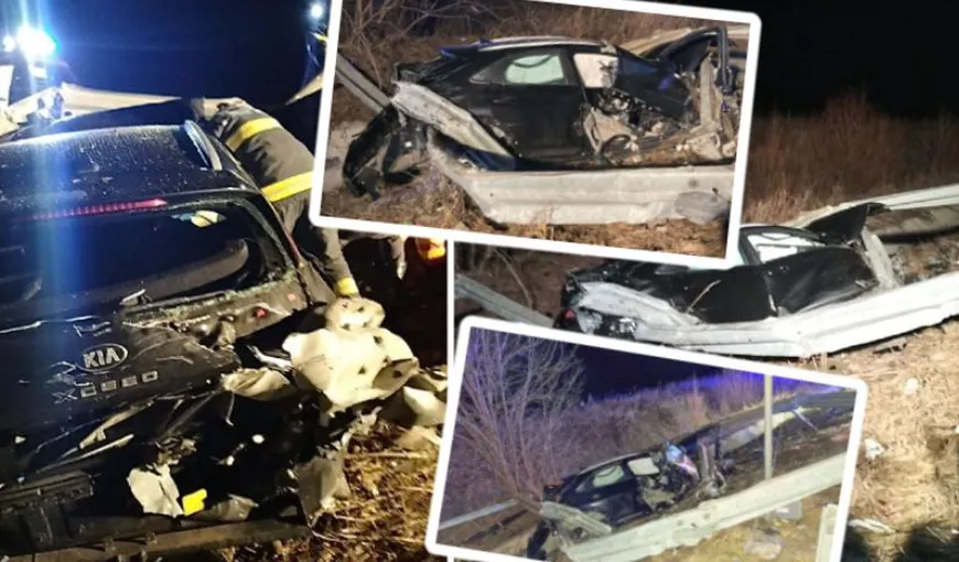 Accident înfiorător lângă Nădlac. Un tânăr de 28 de ani a murit pe loc, după ce mașina în care se afla, o Kia Ceed, s-a încolăcit de balustrada metalică a autostrăzii A1
