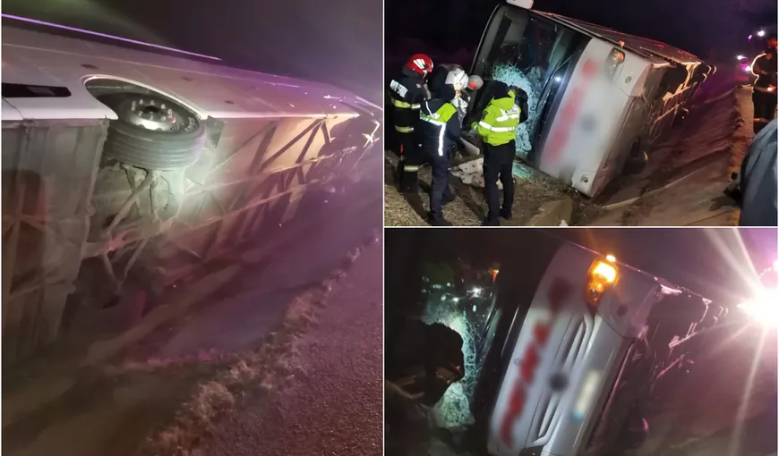 Un autocar în care se aflau şapte persoane a căzut într-un șanț pe marginea DN5, în Giurgiu. Șoferul și pasagerii au rămas blocați