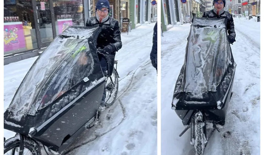 Fotografia începutului de an. Iulian Bulai „a parcat calul” şi dă pedale la bicicletă prin zăpadă: „Aşa era şi la noi”